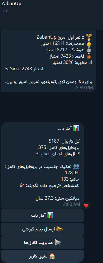 اسکرین واقعی بات آموزشی ZabanUp و آمار کاربران
