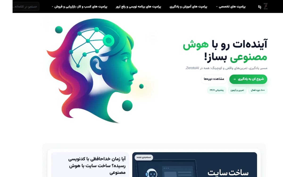 نمای واقعی وب‌سایت Zeta Zero to AI